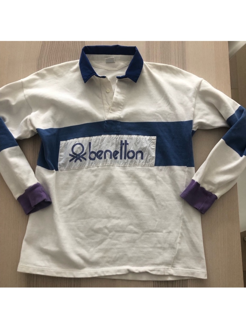 Vintage United Colors Of Benetton White & Blue Long Sleeve Rugby Shirt